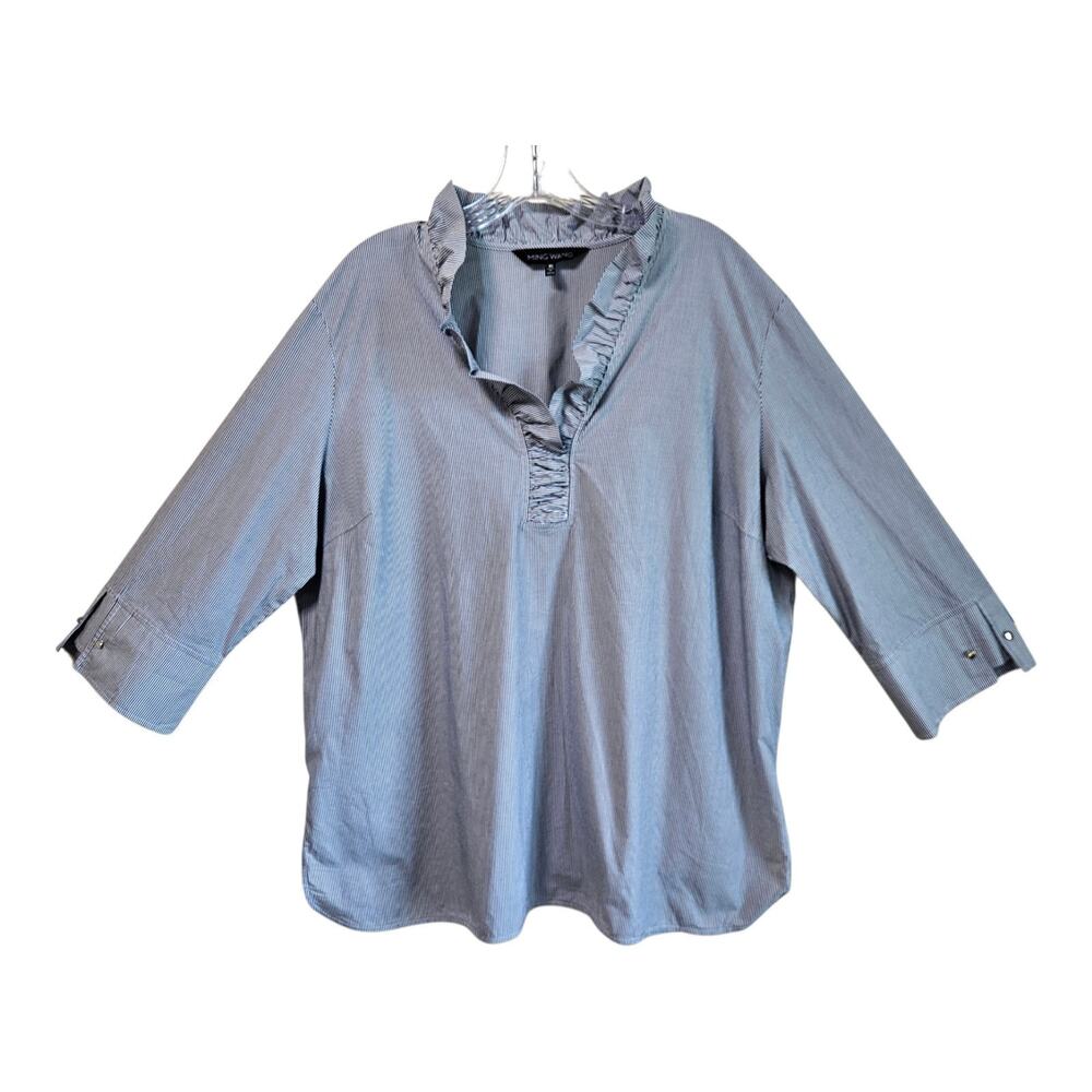 MING WANG Women's XL Tunic Blouse Vertical Stripes Ruffle Collar 3/4 Sleeve 48"